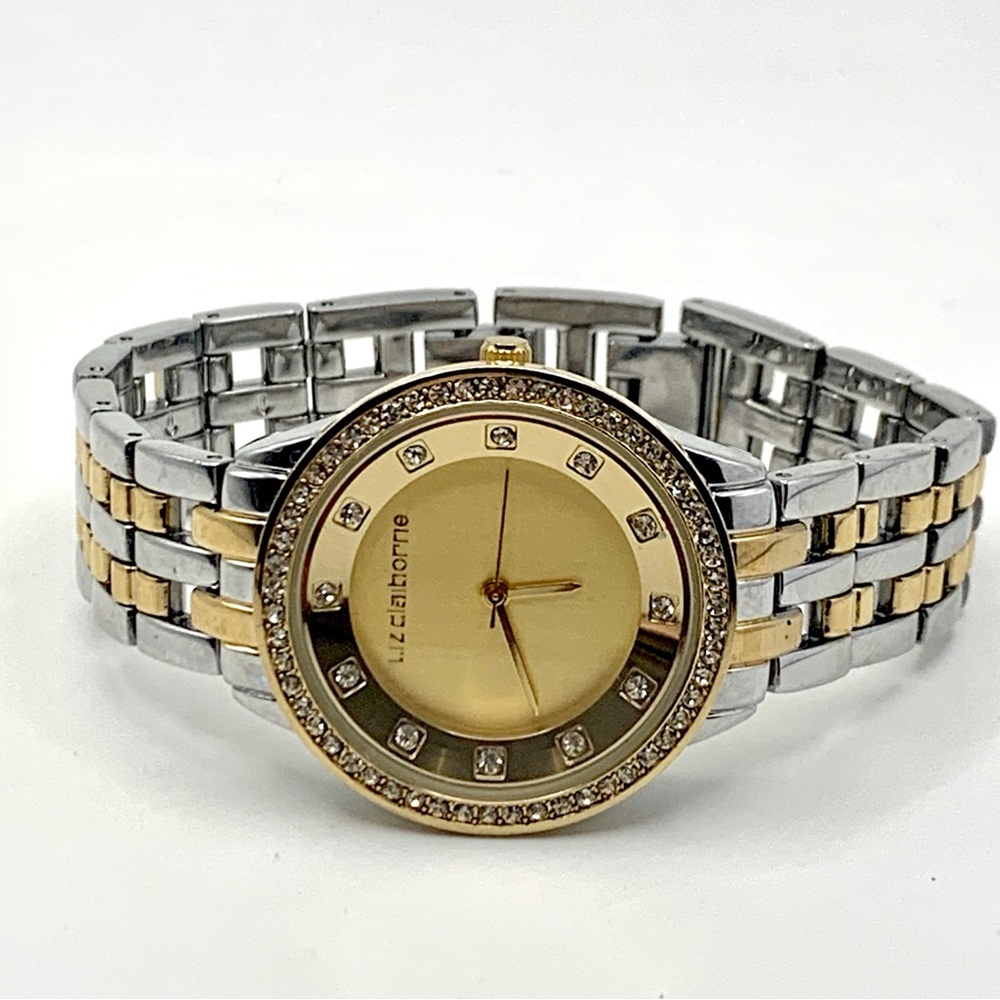 Liz Claiborne Two-Tone Crystal Bezel Watch 6.75" New Battery - Picture 3 of 14